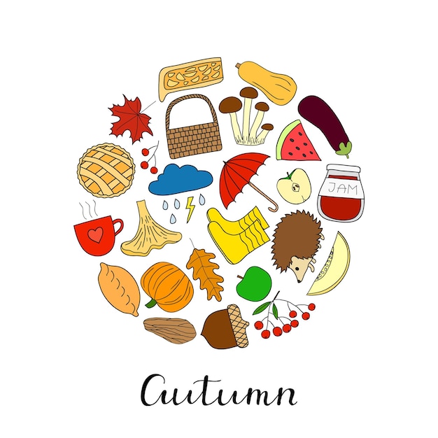 Hand drawn autumn items in circle