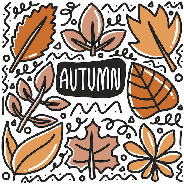 Vector hand drawn autumn leaf doodle set with icons and design elements