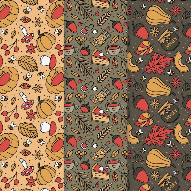 Vector hand drawn autumn seamless pattern collection