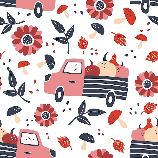 Vettore reticolo senza giunte di autunno disegnato a mano con un camion che trasporta zucche, foglie di autunno, fiori