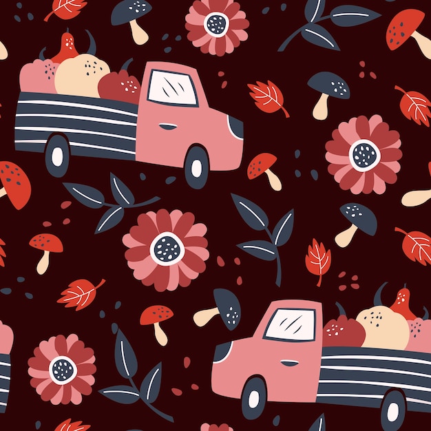 Hand drawn autumn seamless pattern with a truck transporting pumpkins, autumn leaves, flowers