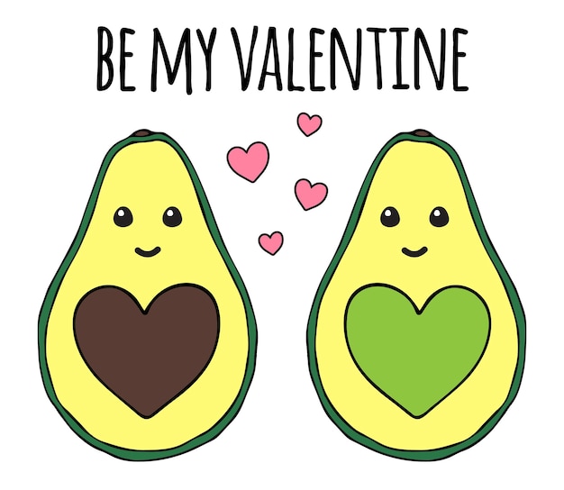 Avocado disegnato a mano con cuori cartolina d'auguri di san valentino