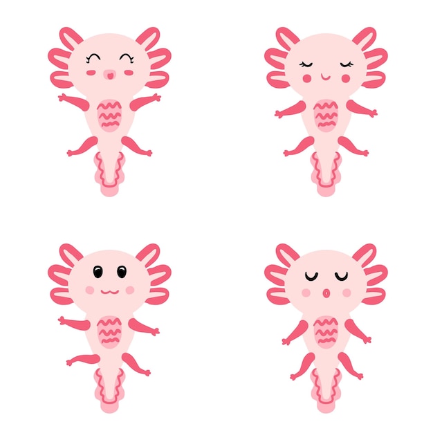 Collezione di axolotl disegnati a mano set di simpatici cuccioli di salamandra perfetto per poster, adesivi e stampe