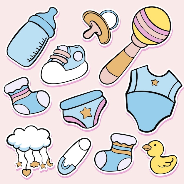 Vector hand drawn baby boy elements in outline style