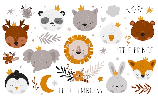 Vector hand drawn baby shower collection with animals and branches decor elements for nursery