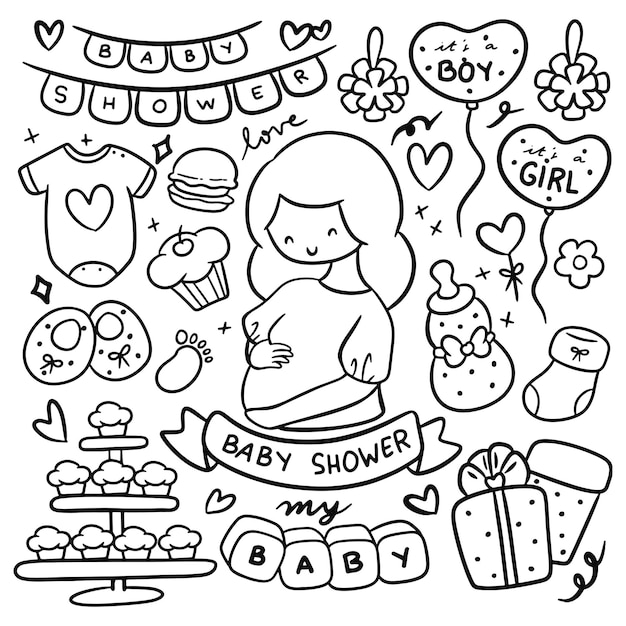 Hand drawn baby shower doodle set vector illustration