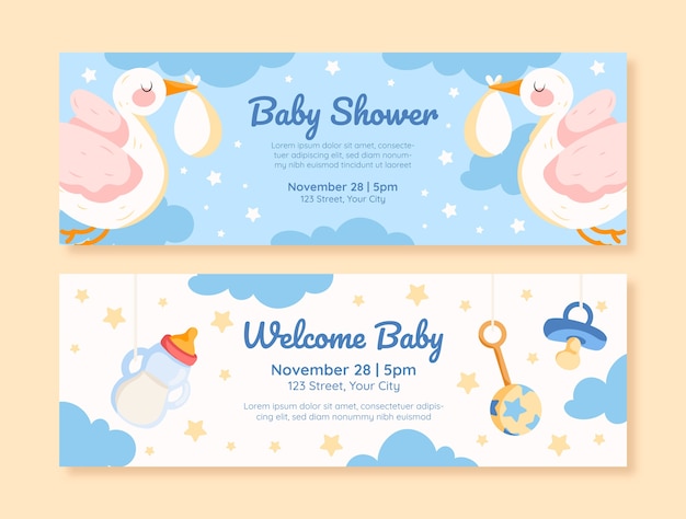 Vettore modello di banner orizzontale baby shower disegnato a mano