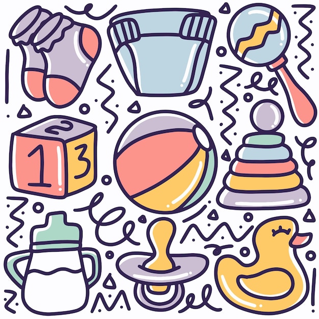 Vector hand drawn baby stuff doodle with design icons and elements