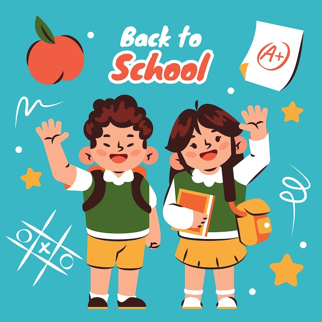 Hand drawn back to school illustration with students waving