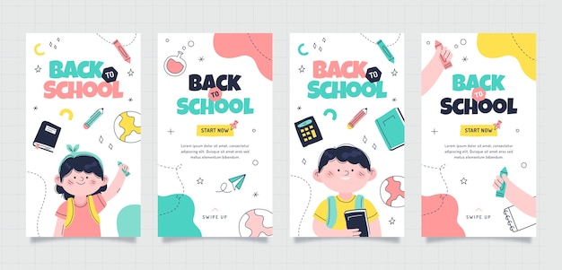 Disegnato a mano indietro alla raccolta di storie di instagram di scuola