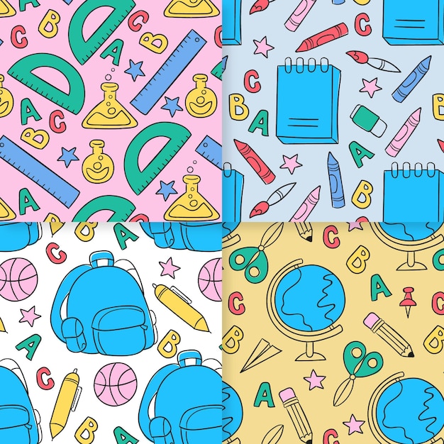 Vector hand drawn back to school pattern collection