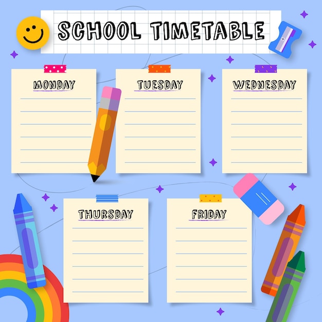 Vector hand drawn back to school timetable template