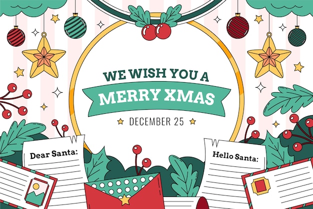 Vector hand drawn background for christmas season celebration with ornaments and letters