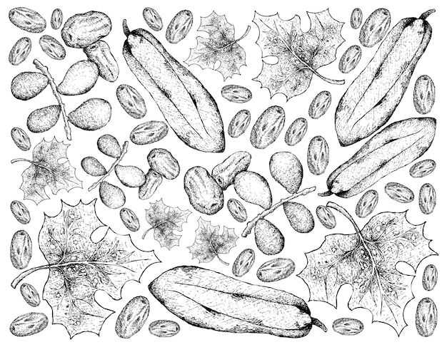 Vector hand drawn background of dates and babaco papaya fruits