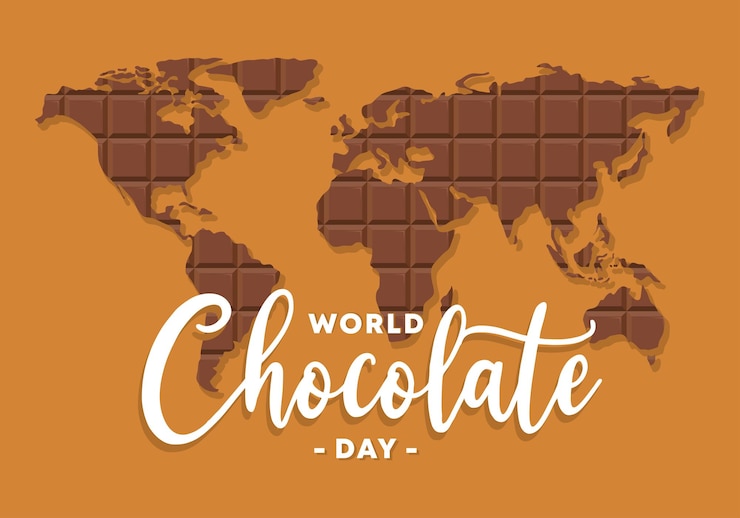 Vector hand drawn background of happy world chocolate day with world map and hand written text on golden background