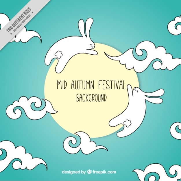 Vector hand drawn background of mid-autumn festival with bunnies