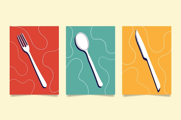 Vector hand drawn background retro color, kitchen set retro, spoon fork and knife set illustration