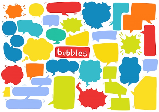 Vector hand drawn background set of cute speech bubble in doodle style
