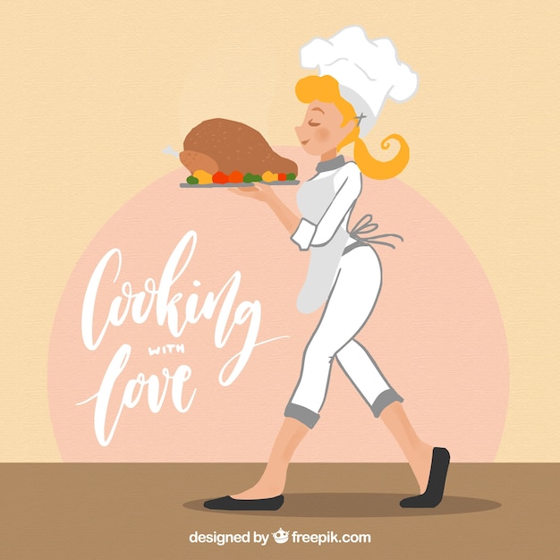 Vector hand-drawn background of smiling female cook