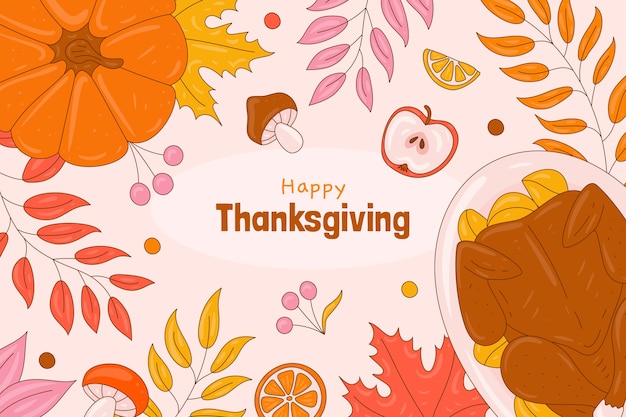 hand drawn background for thanksgiving with pumpkin and turkey