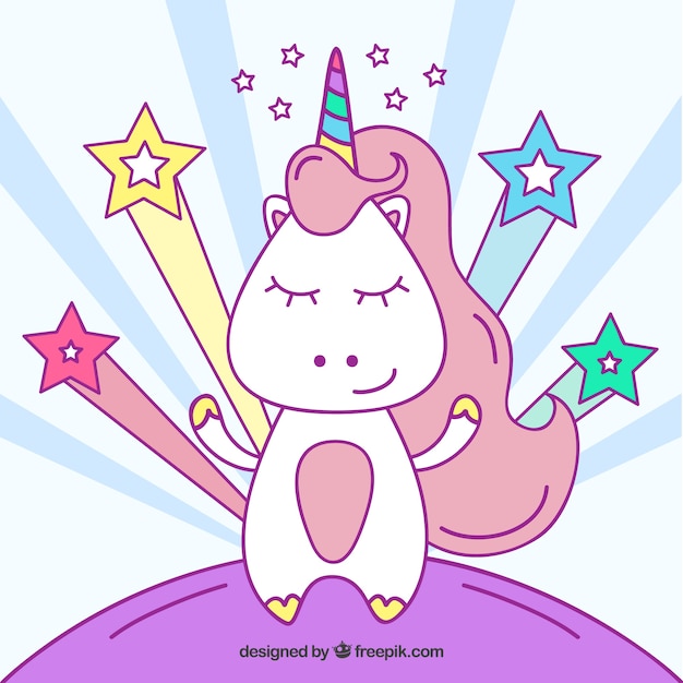 Hand drawn background of unicorn character with stars