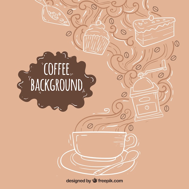 Рисованной фон с чашкой кофе и сладостями