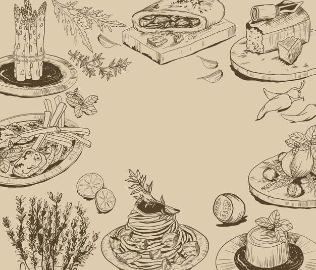 Vector hand drawn background with food elements