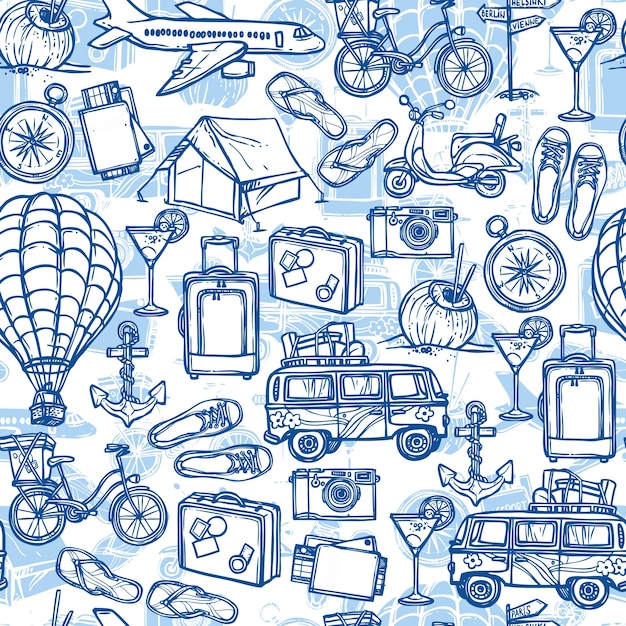 Hand drawn background with travel elements