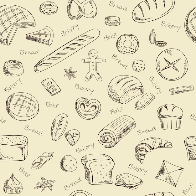 Vector hand drawn bakery doodles seamless pattern