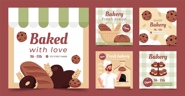 Hand drawn bakery instagram posts design template