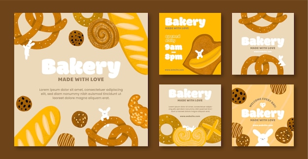 Vector hand drawn bakery instagram posts design template