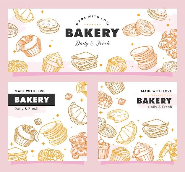 Vector hand drawn bakery, pastry, breakfast, bread, sweets, dessert, illustration