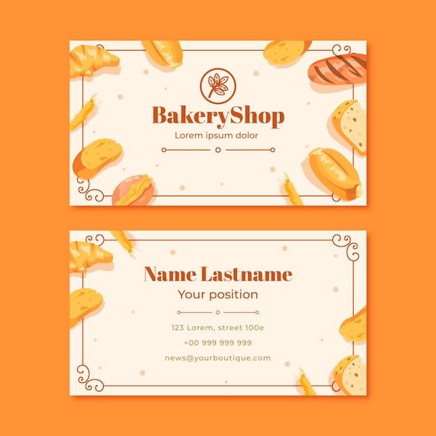 Vector hand drawn bakery shop horizontal business card