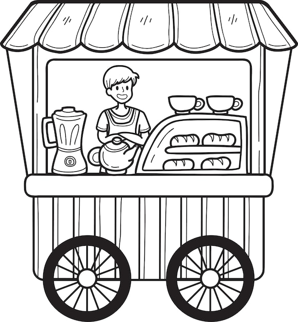 Illustrazione disegnata a mano del carrello del cibo di strada del forno