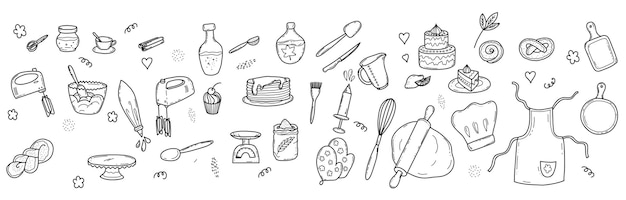 Vector hand-drawn baking elements, creating recipes. a set of equipment for making cupcakes and cakes.
