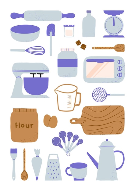 Vector hand drawn baking tools and equipment bakery kitchen elements illustration