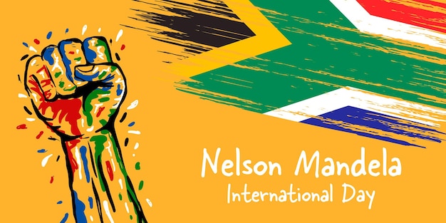 Ручной обращается баннер иллюстрация международного дня нельсона манделы с рукой и флагом