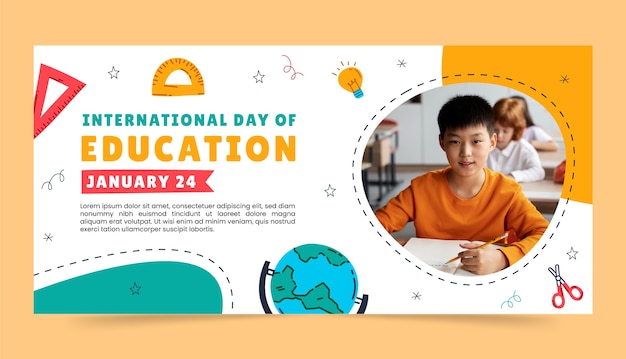 Vettore modello di banner disegnato a mano per la celebrazione della giornata internazionale dell'istruzione