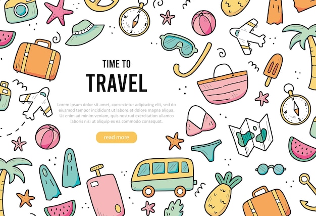 Vector hand drawn banner of travel summer vacation elements