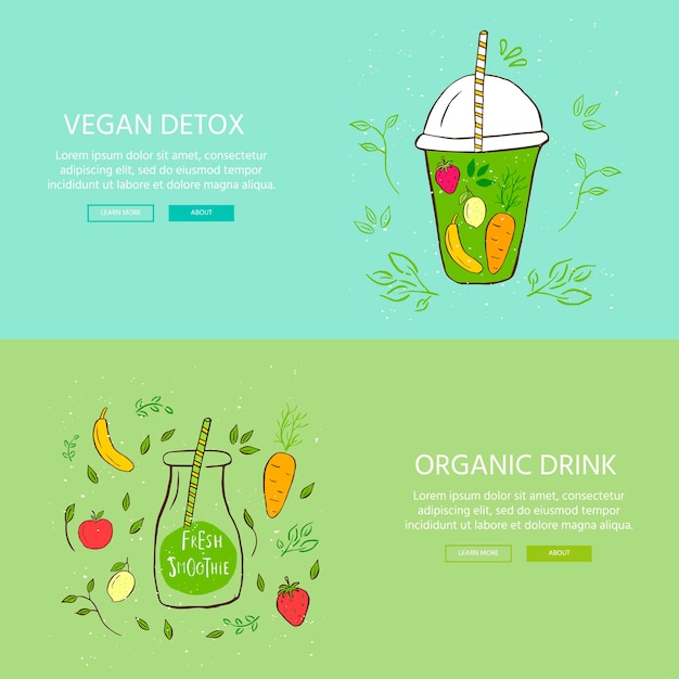 Vector hand drawn banner with  glass and smoothies. apple, berry, banana, carrot, lemon green detox. organic fruit shake cocktail . eco healthy ingredients. vector illustration for restaurant, bar, menu.