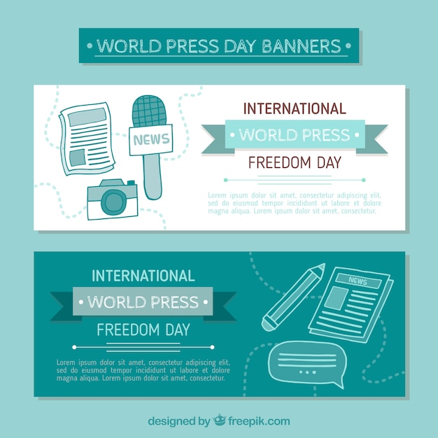 Hand-drawn banners in blue tones for world press freedom day