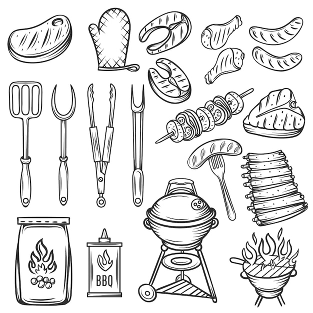 Vector hand drawn barbecue icons set.