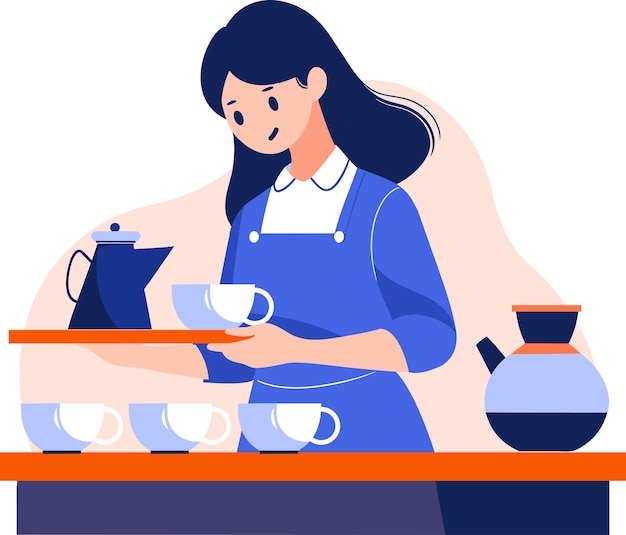 Hand Drawn Barista making coffee happily in flat style isolated on background