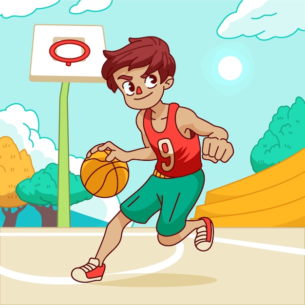 Vettore illustrazione disegnata a mano del fumetto di pallacanestro