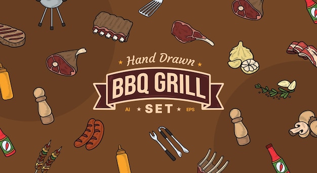 Vector hand drawn bbq grill vector set