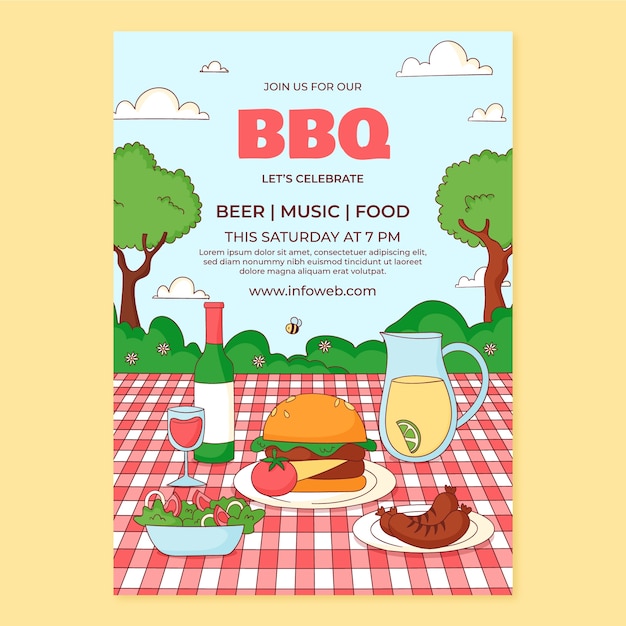 Нарисованный рукой шаблон плаката вечеринки с барбекю