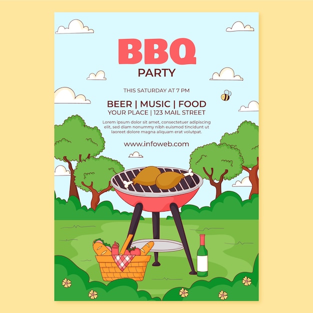 Vettore modello di poster per feste barbecue disegnato a mano