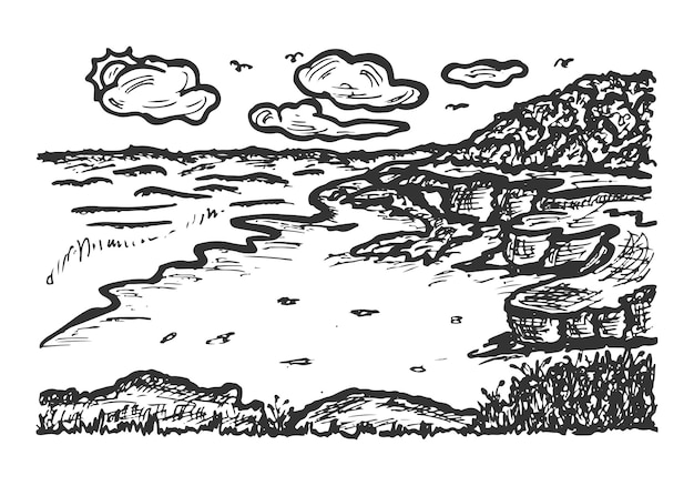 Vector hand drawn beach coastal cliff rough pen sketch vintage vector illustration