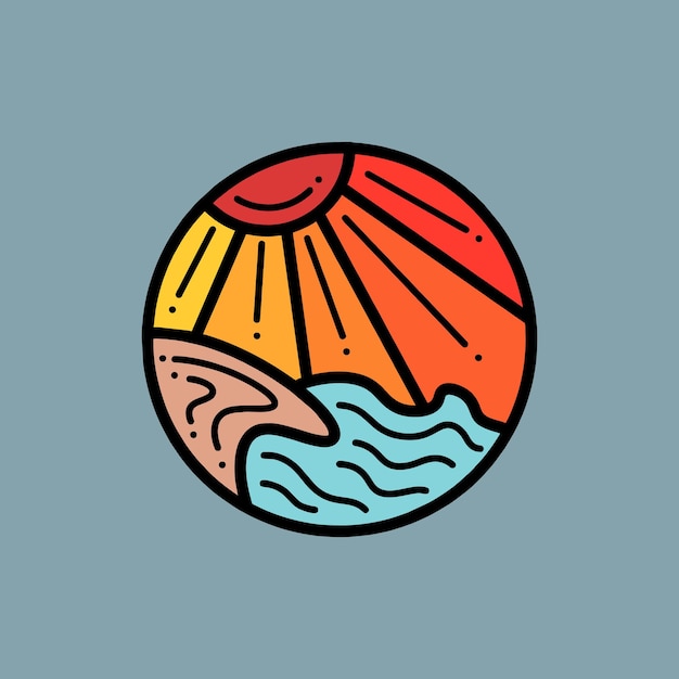 ベクトル 手描きのビーチ・オーシャン・ヴィンテージ・ロゴ デザイン イラスト・ベクトル エンブレム