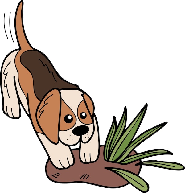 Hand Drawn Beagle Dog digging illustration in doodle style